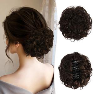 RUWISS Large Messy Bun Hair Piece with Claw Clip Human Hair Bun Wavy Curly Chignon Hair Bun Extensions Updo Hair Pieces for Women Claw Clip Ponytail for Women, Dark Brown with 15% Dark Cocoa Blonde