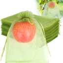 100pcs Fruit Protection Bags 6x9 inch, Green Netting Cover Bags Drawstring Mesh Fruit Protectors Pest Barrier for Tomato Mango Trees Veggies Garden