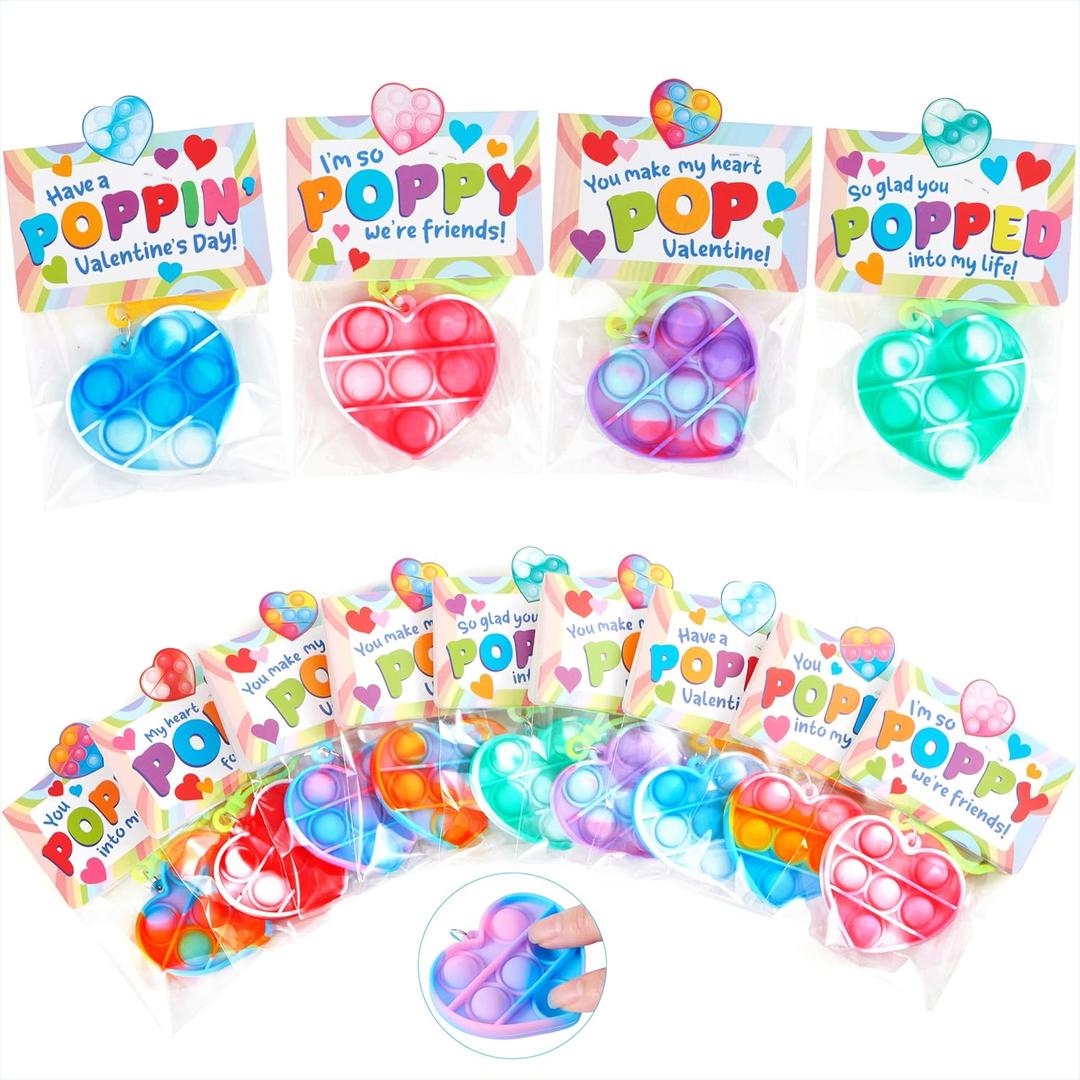 JOYIN 30 Packs Valentines Day Gifts for Kids, Heart Pop Bubble Keychain with Valentines Day Cards for Kid School Classroom Exchange Prize, Stress Relief Fidget Toy for Girl Boy Valentine Party Favor