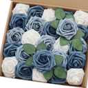 Artificial Flowers 25PCS Real Looking White & Dusty Blue Shades Fake Roses with Stem for DIY Wedding Bouquets Centerpieces Baby Shower Party Home Decorations