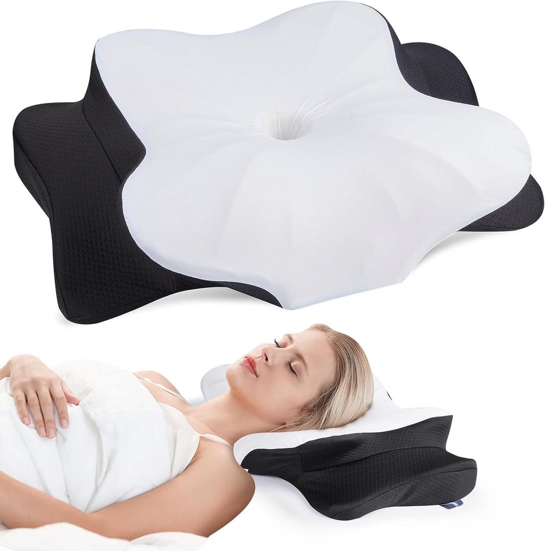 Cervical Neck Pillow for Neck Pain Relief  Memory Foam Cervical Pillow, Orthopedic Contour Neck Support Pillow, Cooling Side Sleeper Pillow for Back & Stomach Sleepers, Standard Size (Black)