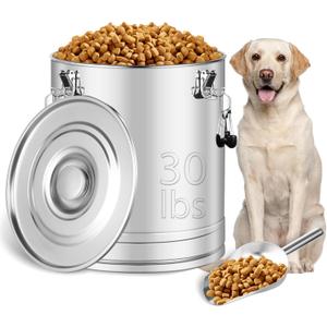 Stainless Steel Dog Food Storage Container,30LB/35LB Airtight Dog Food Storage Container with Lid to Keep Fresh,Easy Clean Large Pet Food Storage Container with Scoop for Cat Food,Chicken Feed,Rice