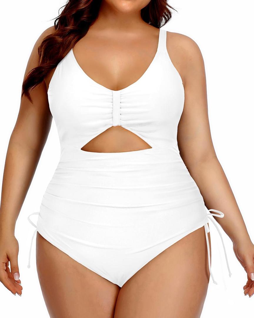 Yonique Women Plus Size One Piece Swimsuits Tummy Control Bathing Suits Vintage Swimwear (White)