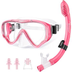 U PHITNIS Kids Snorkel Set for Age 4-14 - Dry Top Snorkeling Gear for Kids Junior & Youth - Childs Diving Mask with Big Eyes for Boys Girls - Anti-Fog Snorkeling Mask and Snorkel Set (Rose)