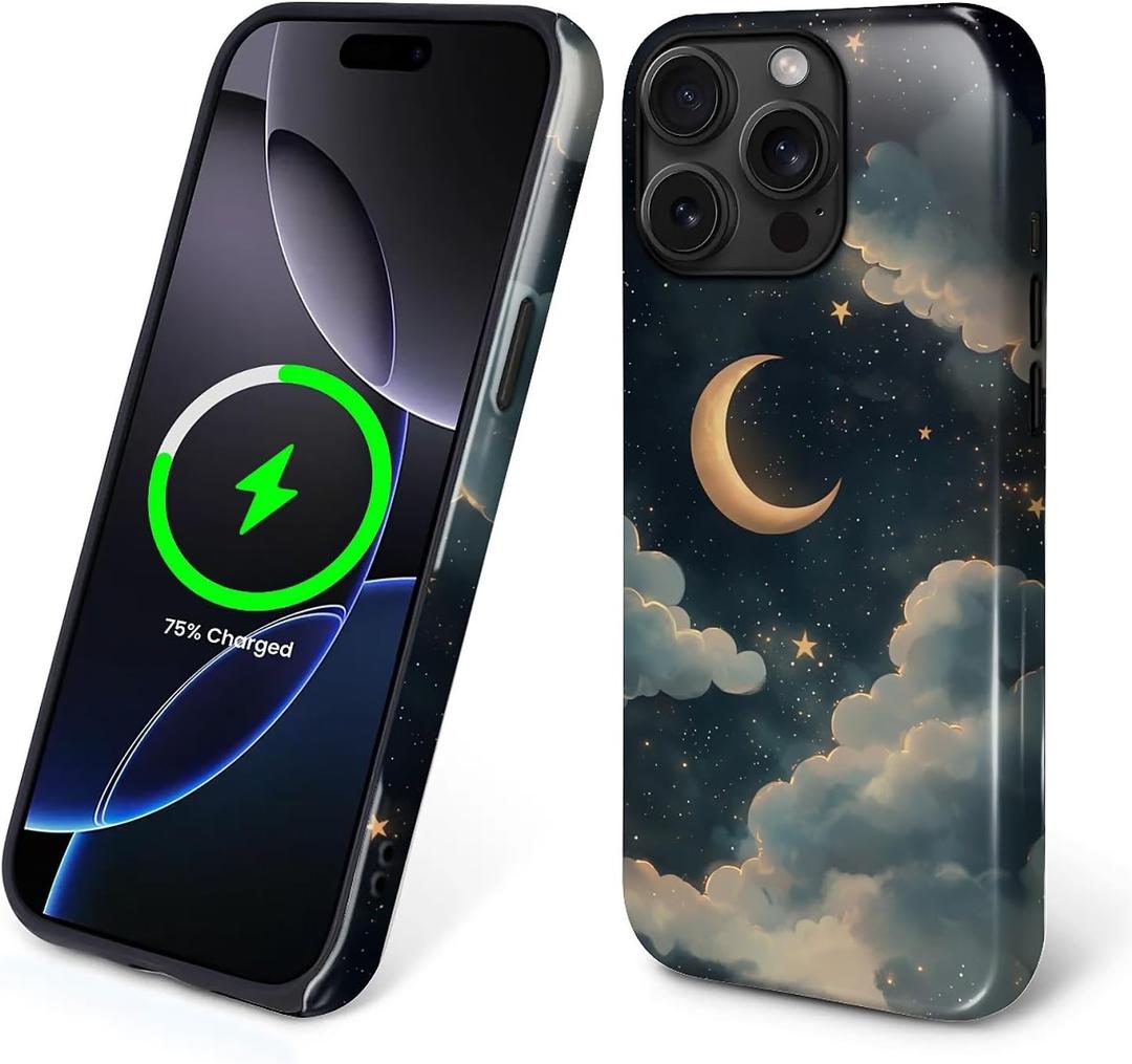 Flivro Magnetic Case for iPhone 14 Pro Max,Compatible with Magsafe,PC Hard Shell Silicone Inner Bumper,Anti-Scratch Full-Body Cover Shockproof Slim Case for iPhone 14 Pro Max - Stars and Moons