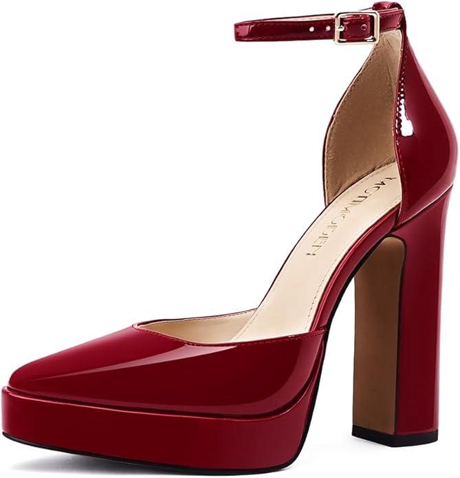 Women's Platform Chunky Heel Pumps – Closed Toe Ankle Strap Block Heeled Dress Shoes for Wedding Party & Daily Comfort, Size 