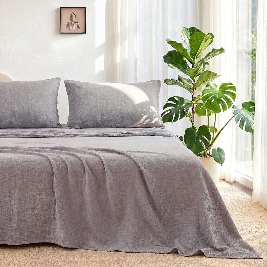 LUTBM Queen Sheet Set 100% Cotton Bed Sheets Gauze 4 Pcs Grey Muslin Sheets Set 16" Deep Pocket Sheet & Pillowcase Sets Breathable Boho Queen Soft Bedding Sets for All Season