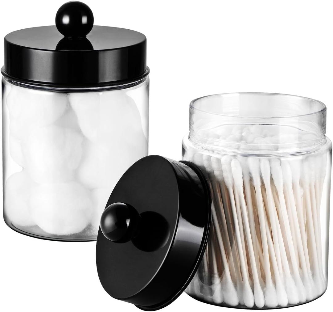 Amolliar Apothecary Jars Bathroom Vanity Storage Organizer Set -Countertop Canister Plastic Acrylic Jar - Farmhouse Decor Qtip Holder for Cotton Swabs,Makeup Sponges,Flossers,Paper Clips -Black(2)