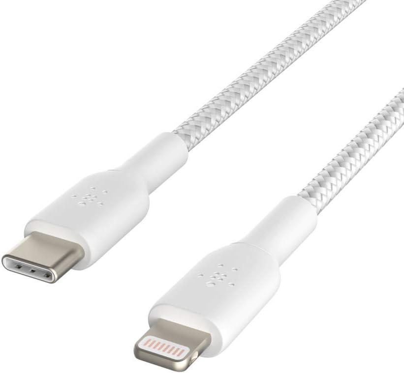 Belkin BoostCharge Nylon Braided USB-C to Lightning Cable 6.6ft/2M - MFi Certified 18W Power Delivery iPhone Charger Cord - Apple Charger USB-C Cable - Fast Charging for iPhone 14, iPhone 13 - White