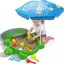 VROGTIK Turtle Sandbox with Lid & Umbrella, 38" Kids Sandbox with Beach Toys Set, Safe Sensory Play Sand Box for Toddlers, Indoor Outdoor Backyard Summer Gift for Ages 3-8, 38.86" x 25.2" x 7.89"