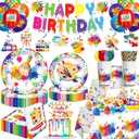 200pcs Paint Party Decorations for Kids and Art Lovers, Convenient Disposable Paper Tableware Set Includes 300gsm Plates and 2 PE Plastic Tablecloths for Paint Party and Celebration