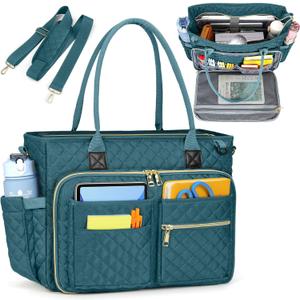 RAINSMORE Teacher Tote Bag 15.6 inch Laptop Bag for Women Work Bags Laptop Tote Nurse Bag Professional Computer Messenger with Insulated Pocket, Laptop Briefcase for Office, College, Nursing, Teal (Dark Green)