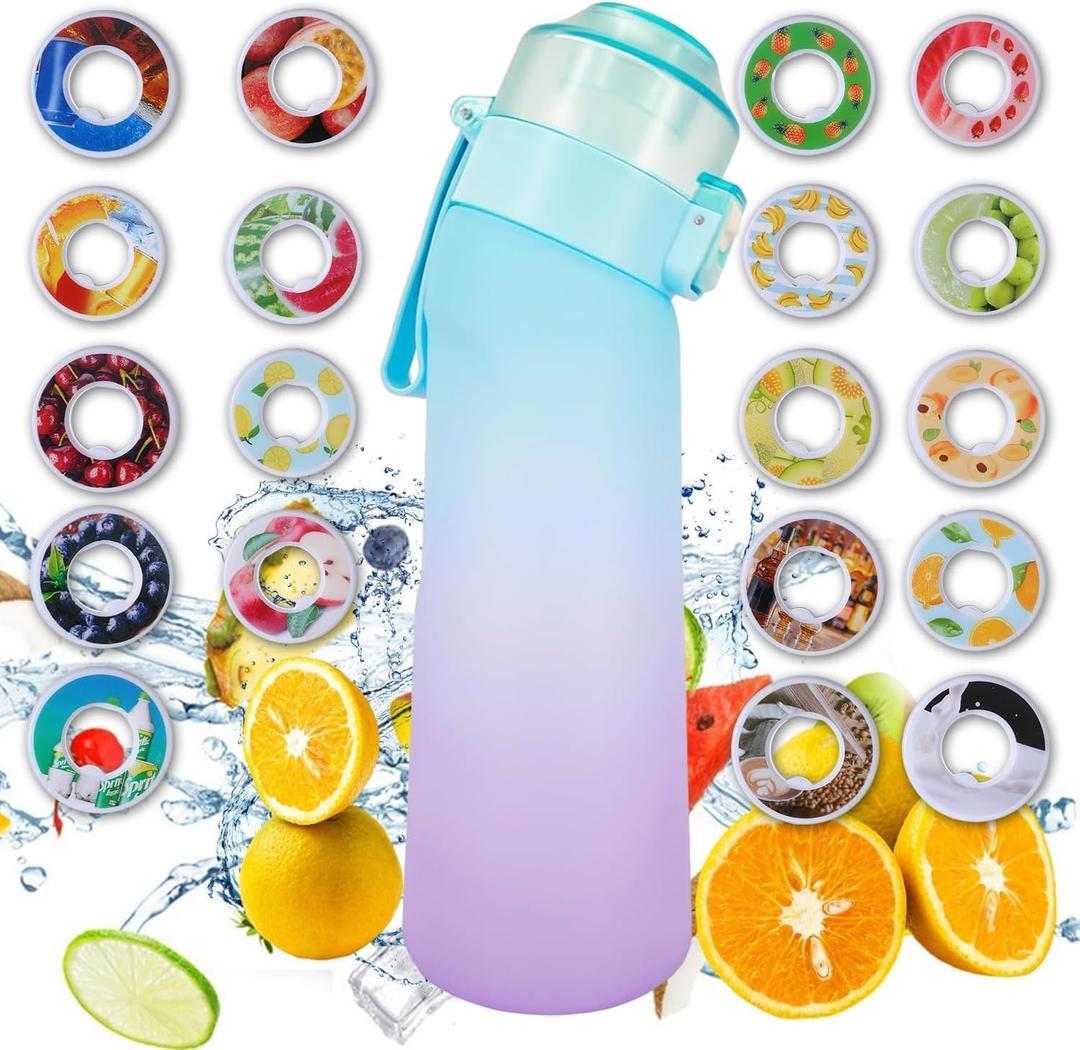 Air Scent Water Bottle with 12 Flavor Pods 650ML Fruit Fragrance Scented Water Cup BPA Free 0% Sugar For Fitness And Outdoor (Gradient Blue Bottle+12 pods in random flavors)