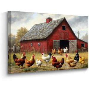 BJYCHG Chicken Picture for Kitchen Country Rooster Canvas Wall Art Rustic Farm Animal Painting Prints for Farmhouse Dining Room Decor Framed (16L x 24W)