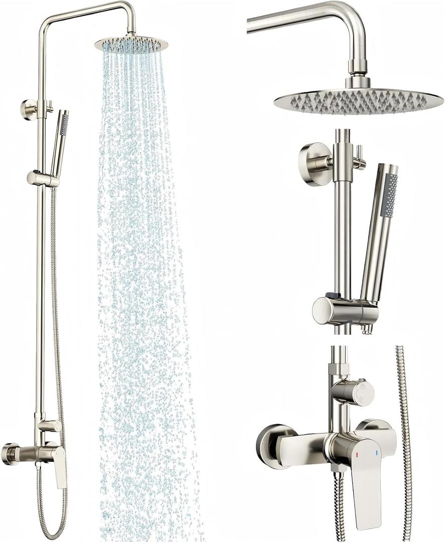 Rainsworth Outdoor Shower Kit with Brass Valve, 8 Inch, Brushed Nickel