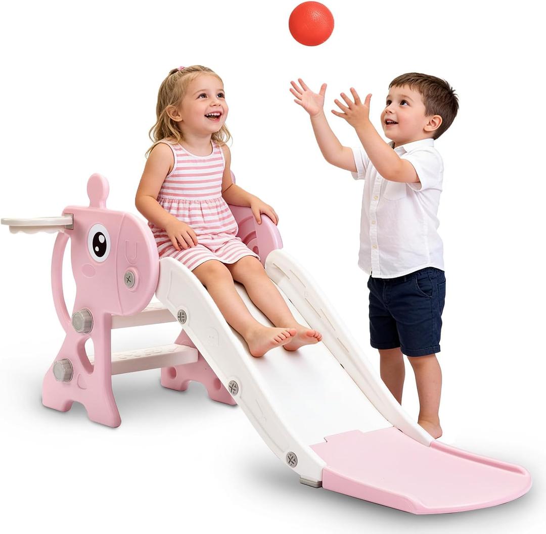 Kid Slide Indoor, Toddler Slide with Basketball Hoop and Ball, Outdoor Playset for Baby 2-5 Year Old (Pink Giraffe), Small