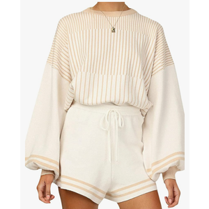 Gihuo Women' s Striped 2 Piece Outfits Crewneck Knit Pullover Sweater Shorts Set Wide Leg Matching Set Loungewear, Size M