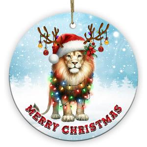 Christmas Ornament - Lion Merry Christmas Ceramic Ornament, Xmas Tree Decoration, Hanging Ornament, for Family, Friends, Animal Lovers