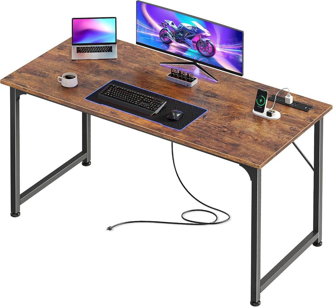 PRAISUN 47 X 20 Inch Office Computer Desk with Power Outlets and USB-C Port, Larger Gaming Desk, for Home Office, Study, Bedroom, Writing Work from Home Table, Metal Frame, Rustic Brown, 48inch