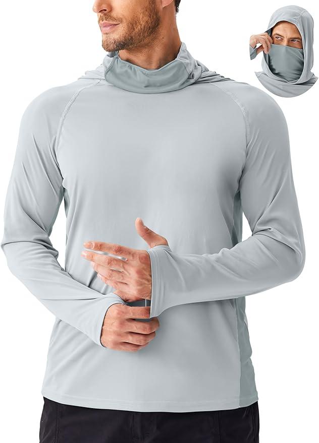 PINSPARK Men's Sun Protection Hoodie with Mask UPF 50+ UV Long Sleeve Shirt Men Rash Guard Performance Fishing Hiking Shirt Size L