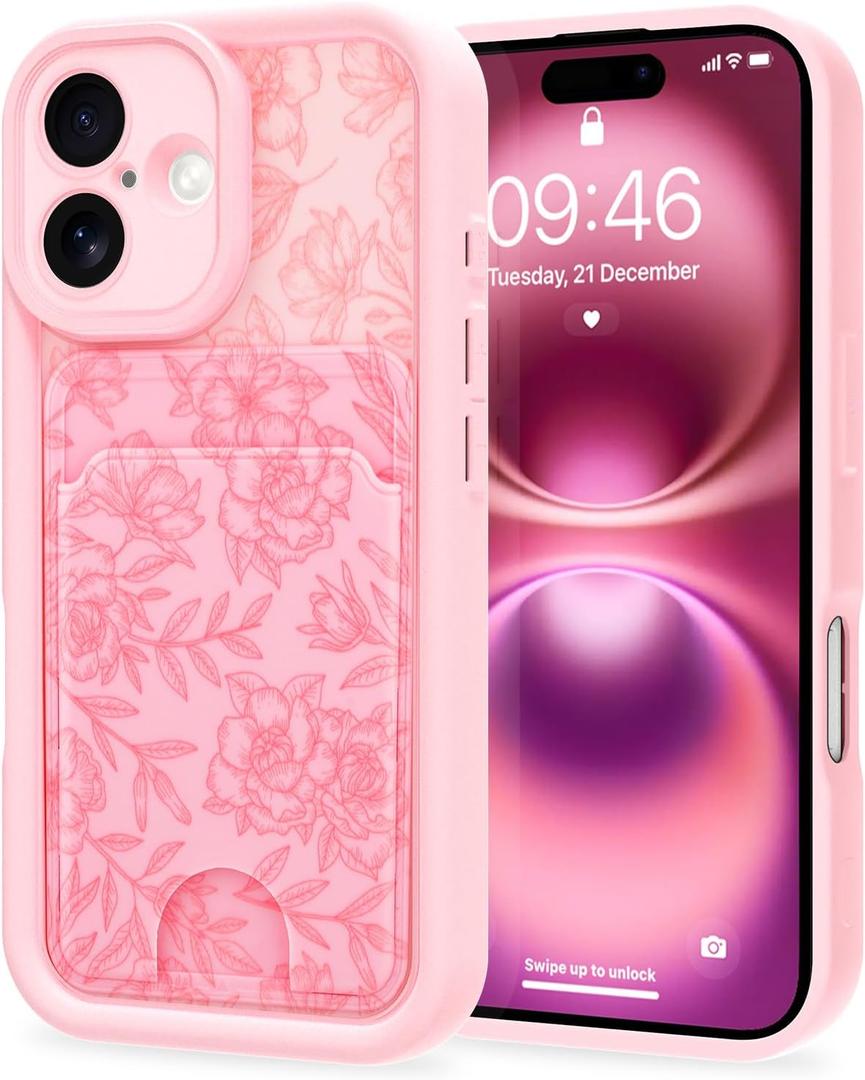 MZELQ Compatible with iPhone 16 Case Silicone Card Holder, Cute Pattern Rose Flower Floral Cover for Girls Women -Pink