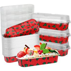 50 Pcs Christmas Mini Loaf Pans With Lids, 6.8oz Rectangle Aluminum Foil Baking Cups Muffin Tins,Disposable Mini Cake Pans for Xmas Party Supplies,Style 1