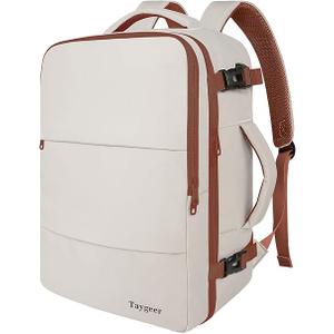 Taygeer Backpack for Women, College Backpack with Laptop Compartment & Shoe Pouch, 40l Travel Laptop Mochila Carry On Luggage, Airline Approved Personal Item Bag for Weekender Gym Hiking, Khaki White