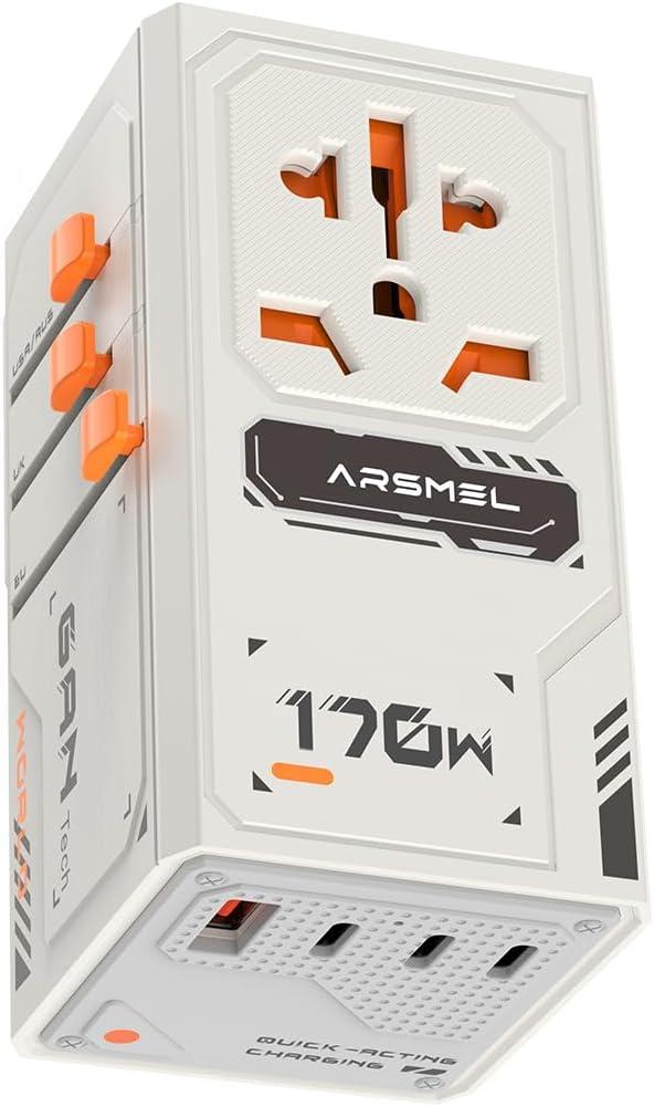 170W GaN Universal Travel Adapter, Worldwide All-in-One International Plug Power Adapter & Wall Charger with 3 USB-C & 1 USB-A (5A/ 28V) for Europe, USA, Japan, and Australia (Type C/ A/ G/ I)