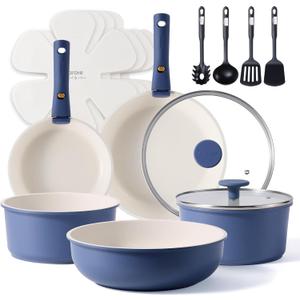 CAROTE 17pcs Pots and Pans Set, Nonstick Cookware Set Detachable Handle, Induction Kitchen Cookware Sets Non Stick with Removable Handle, RV Cookware Set, Oven Safe (Blue)