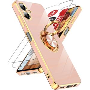 LeYi for Galaxy A06 4G Phone Case: 2 Pack Tempered Glass Screen Protector and 360 Rotatable Ring Holder Magnetic Kickstand, Plating Rose Gold Edge Protective for Galaxy A06 4G Case, Pink