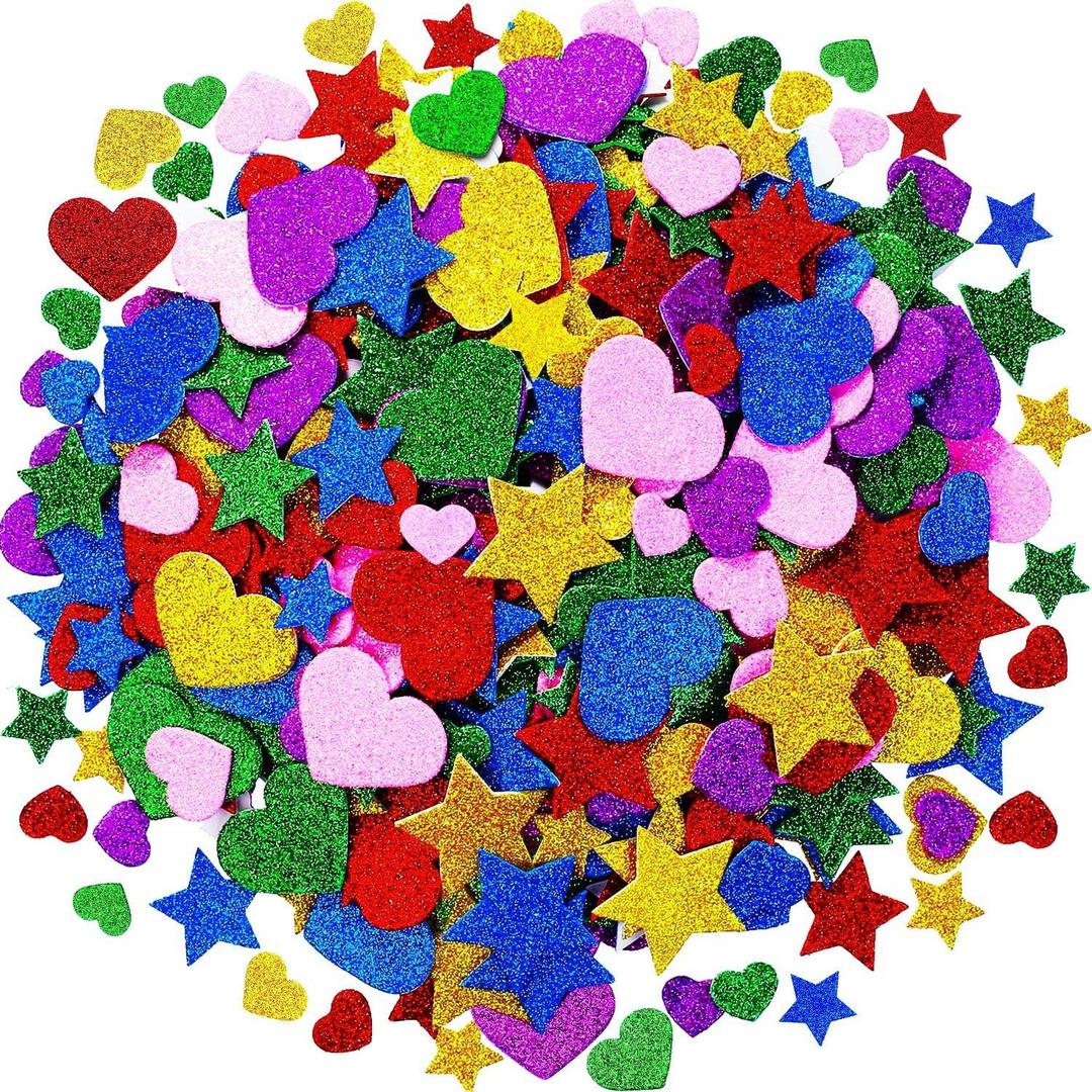 Tatuo 600 Pieces Glitter Foam Stickers Adhesive Hearts Foam Star Stickers Valentines Day for Arts Craft, Greeting Cards, Scrapbook Decoration (Glitter and Star)