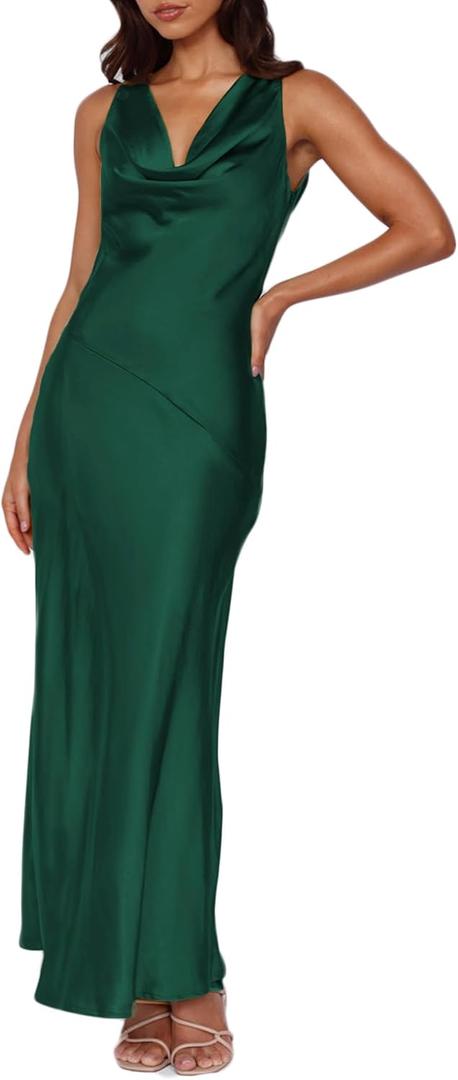 Satin Cowl Neck Sleeveless Backless Maxi Wedding Guest Dress Silk Open Back Tie Back Prom Formal Dresses for Women 2024 (Large, Emeralds)