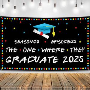 KatchOn, The One Where They Graduate 2025 Backdrop - XtraLarge, 72x44 Inch |2025 graduation banner class of 2025, Friends Graduation Decorations 2025 | Grad Backdrop, graduation Decorations 2025 (Black and Blue)