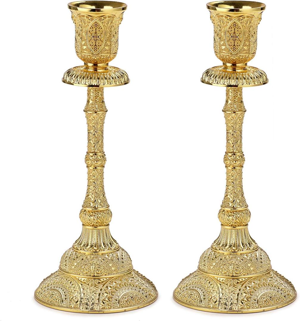 OwnMy Set of 2 Taper Candle Holders Vintage Metal Pillar Candlestick Holders 7.4, Elegant Brass Candle Stick Holders Decor Candelabra Set for Dining Table Centerpieces Wedding Home Decoration, Gold