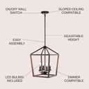 JONATHAN Y 13" Oil Rubbed Bronze/Faux Wood 4-Light Farmhouse Lantern Pendant Light, LED Cage Chandelier for Kitchen Island, Foyer, Entry, Metal Wood Finish Shade, Bulbs Included (JYL1322A)