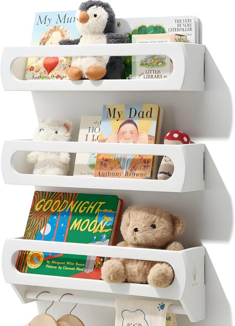 Bamboo Nursery Book Shelves, 3-Pack White Floating Shelves for Wall Kids, Fully Assembled Wall Book Shelves for Bedroom Kids, Toddler Room, Baby Room, Nursery Decor