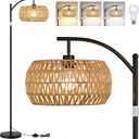 ROTTOGOON Boho Floor Lamp with Dimmable Bulb, Rattan Shade, Boho Standing Tall Lamps with Foot Switch, Black Bohemian Floor Lamps for Living Room, Bedroom, Office