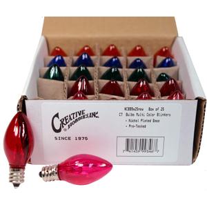 Creative Hobbies Box of 25 Colored Light Bulbs, Random Blinking, 7 Watt, C7 Candelabra Base -Great for Night Lights and Christmas Strings (Transparent)