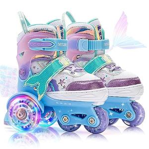 NEMONE Mermaid 4 Size Adjustable Light up Roller Skates for Girls, Blue Purple Skates for Toddlers, Beginner Kids Roller Skates Indoor Outdoor, 28-31 EU
