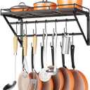 OROPY 23 Inch Wall Mounted Pot Rack Storage Shelf with 2 Tier Hanging Rails 12 S Hooks included, Ideal for Pans, Utensils, Cookware, Plant Black