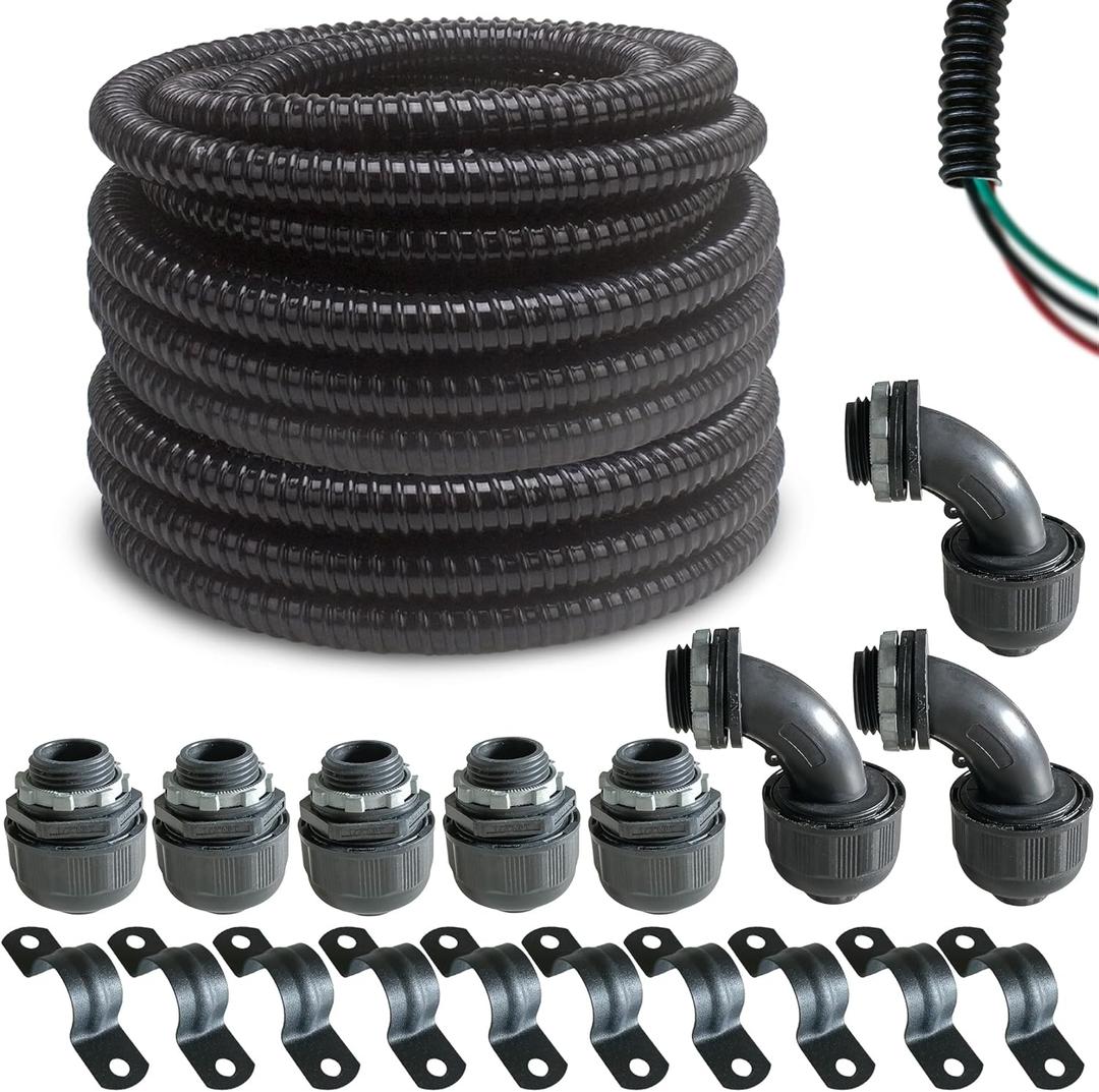 (1/2" Dia * 50 Feet) Yariwiz Black Special Extra Flexible Electrical Conduit Liquid Tight PVC Conduit Kit with 5 PCS Coupling, 3 PCS Elbow and 10 PCS Strap, Sealtight Seal Flex Liquidtight Wire