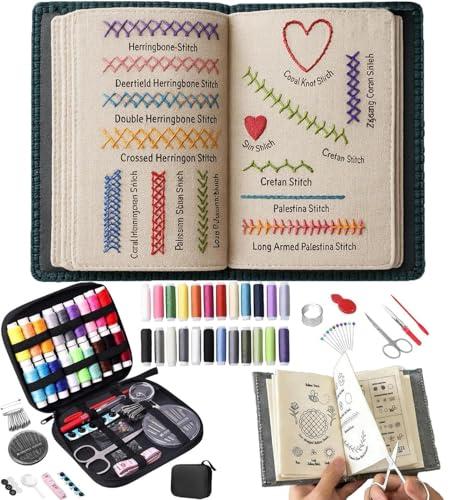 Embroidery Stitch Book Kit for Adults & DIY Craft Lovers,Portable Embroidery Kit for Beginners Enthusiasts,Includes Guide to 106 Patterns with Tools & Tutorials and 86-Piece Sewing Tool Kit(1 Set)