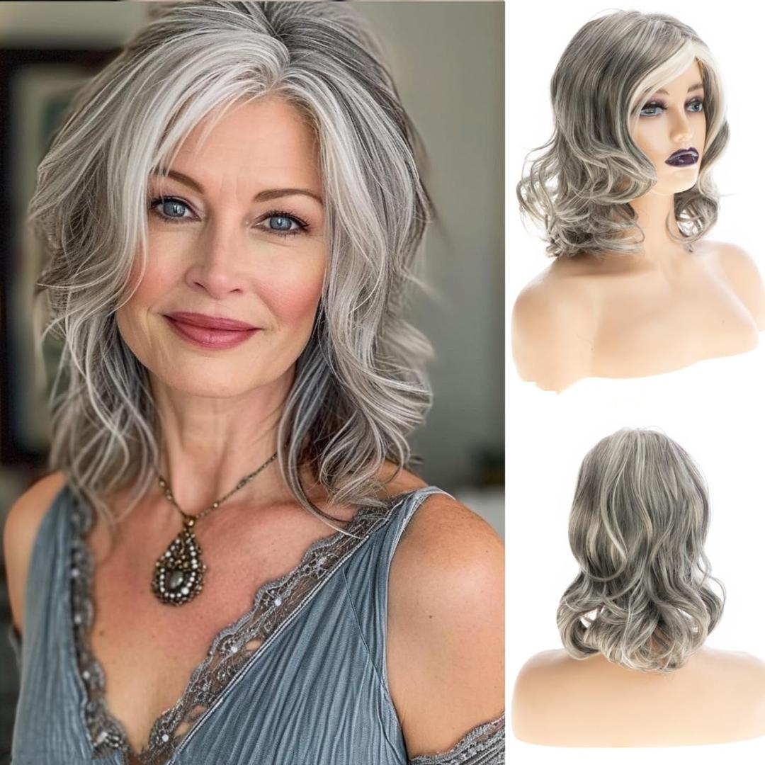 Grey Curly Wavy Wig for Women Mid-Length Gray Synthetic Natural Looking Heat Resistant Halloween Cosplay Wig