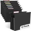 Y YOMA Plastic Extra Capacity Hanging File Folder, Letter Size, 4 Expansion, 6 Pack Black Reinforced Expanding Hanging Folders with Tabs, Heavy Duty Waterproof Accordion for Bulky Files