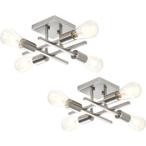 Industrial 4-Light Semi Flush Mount Ceiling Lighting Fixture, Modern Brushed Nickel Chandelier Light, Farmhouse Sputnik Ceiling Lamp with E26 Base for Bedroom Living Room Entryway, 2 Pack (Silver)