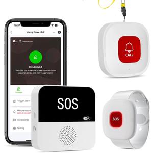 PILSAMAS WiFi Caregiver Page Wireless Call Button System - 1 Lanyard + 1 Wristband Emergency Button, No Monthly Fee, APP Alert, Custom Name/Tones, Fall Alert Devices for Elderly at Home, Nursing Care