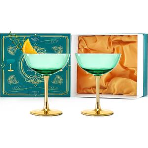 Colored Coupe Art Deco Glasses Gold | Set of 2 | 12 oz Classic Cocktail Glassware for Champagne, Martini, Manhattan, Sidecar, Crystal Speakeasy Style Goblets Stems, Vintage Blue, Teal, Green