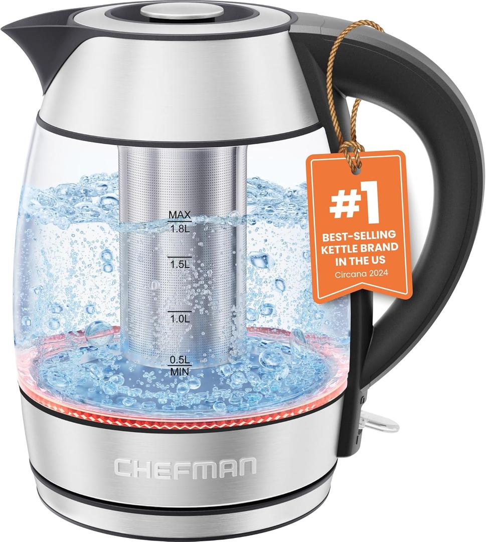 Chefman Glass Electric Kettle for Boiling Water, 1.8L 1500W, with Tea Infuser, Keep Warm Function, Auto Shut Off, Boil-Dry Protection, BPA Free, Hot Water Boiler, Electric Tea Kettle - Stainless Steel