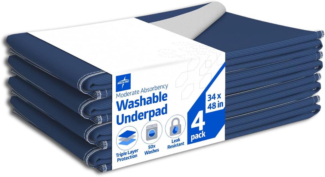 Medline Sofnit 300, Pack of 4 Large Washable Blue Underpads, 34x 48 for use as reusable pet pads, reusable bed pads, great for dogs, cats and bunnies