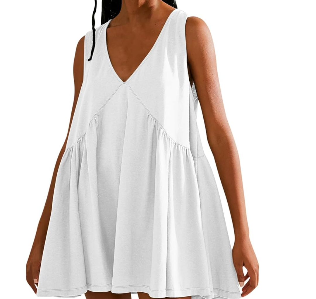Women 2024 Summer Casual Mini Dresses V Neck Flowy Sundresses Sleeveless Hot Short Mini Dress Comfy Trendy Clothes M